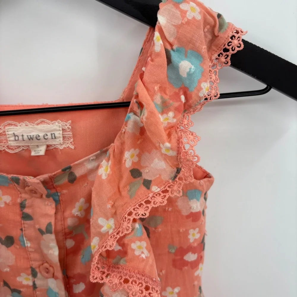 btween Girls Peach Floral Swiss Dot Ruffle Button Front‎ Tiered Dress Size 5